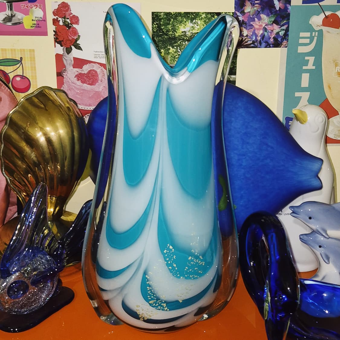 70s 카메이 핸드블로운 아쿠아 돌고래 대형 화병 상품이미지6