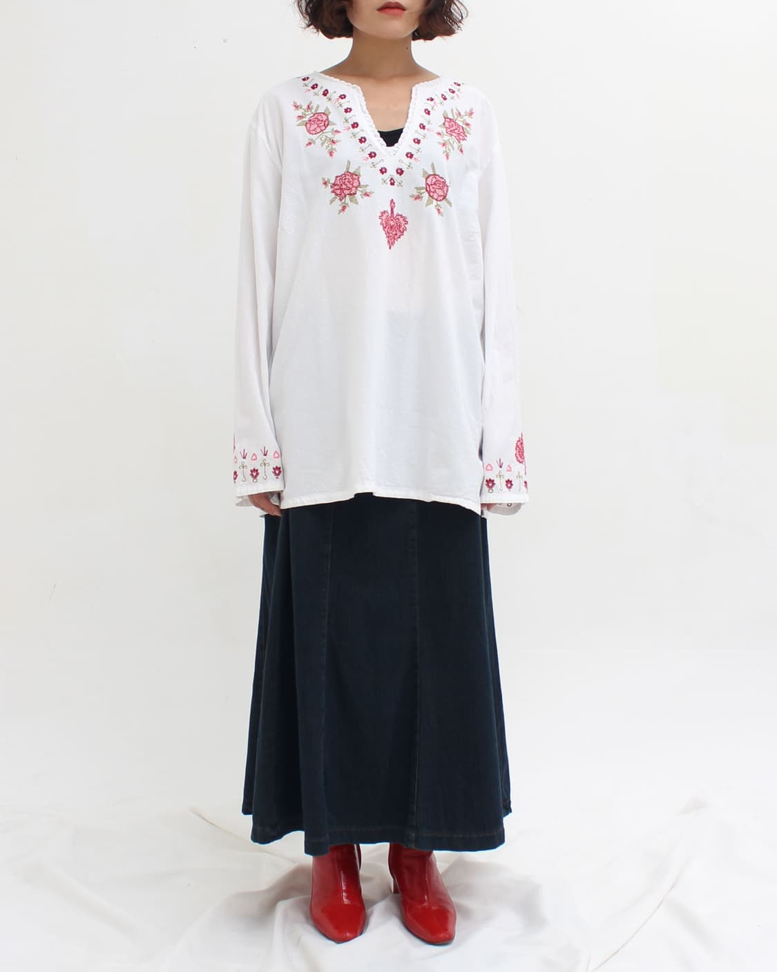 유럽 빈티지 플라워 십자수 자수 레이스 화이트 블라우스 상품이미지9