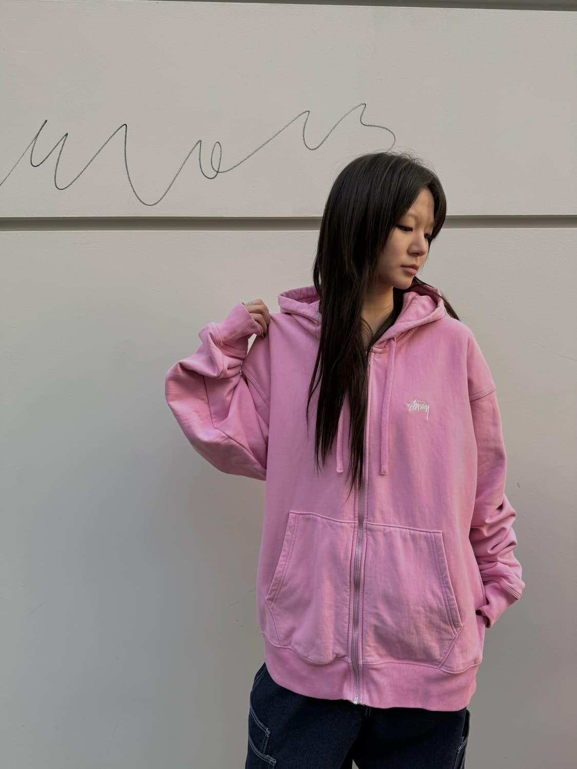 스투시 스탁 로고 핑크 오버핏 후드집업 상품이미지3