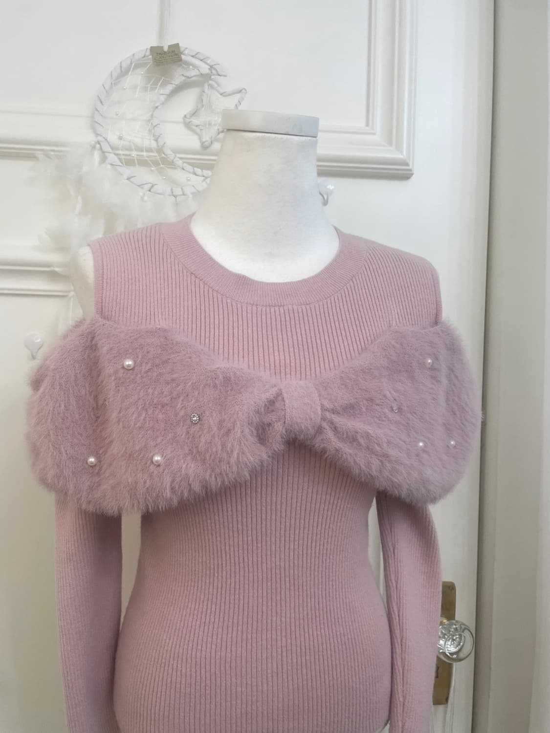 powder pink bow fur shoulder lovely knit 상품이미지5