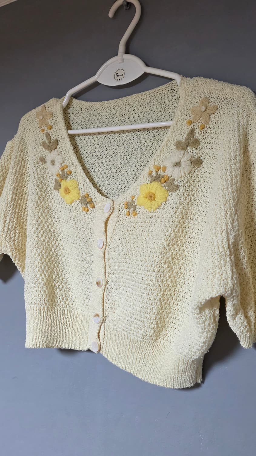 빈티지 반팔 크롭 니트 가디건(보라/연노랑) 상품이미지4