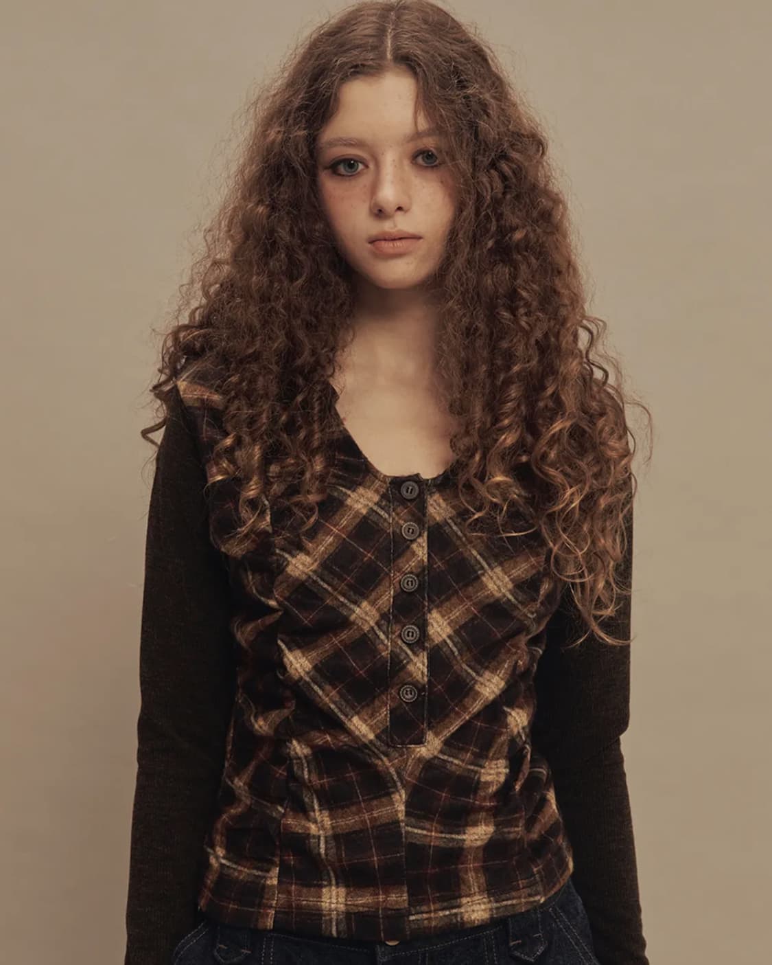 쎄쎄쎄 라비린스 체크 셔링 탑 옐로우 카키  상품이미지4