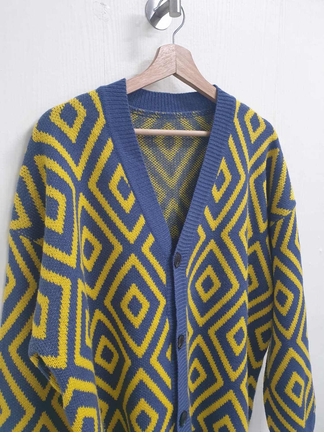 블루 옐로우 다이아 패턴 니트 가디건 XL 상품이미지2