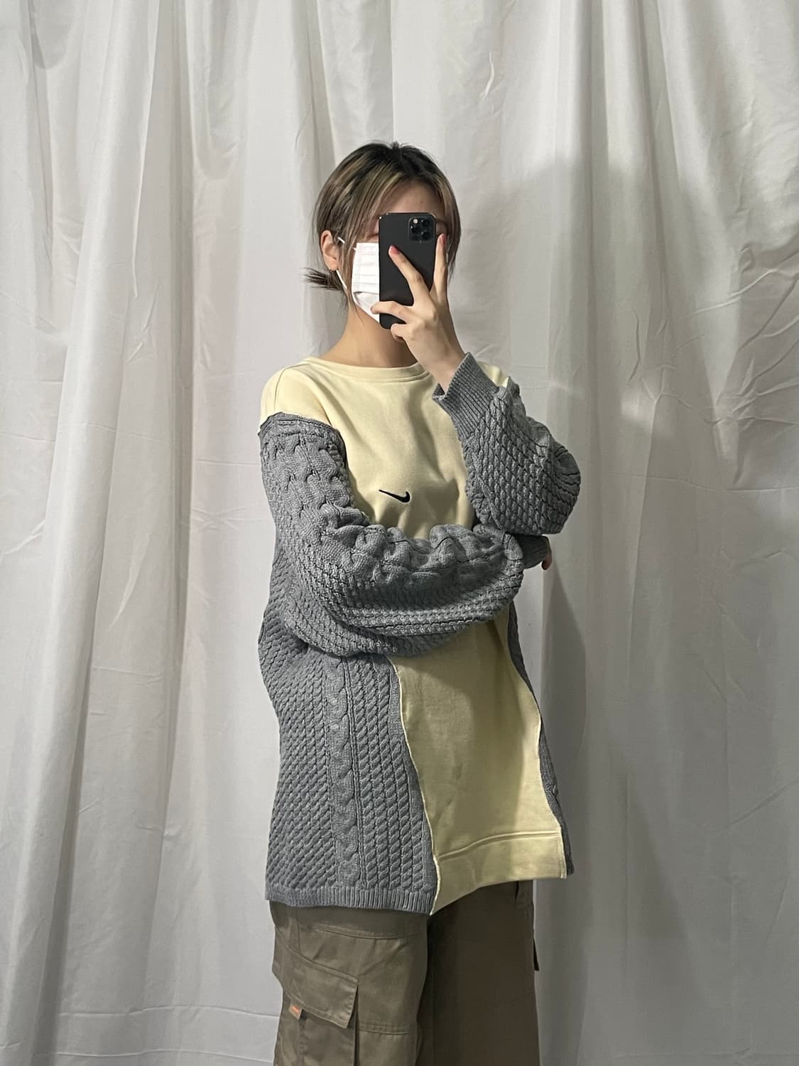 나이키 아이보리 그레이 니트 오버로크 맨투맨 XL 상품이미지1