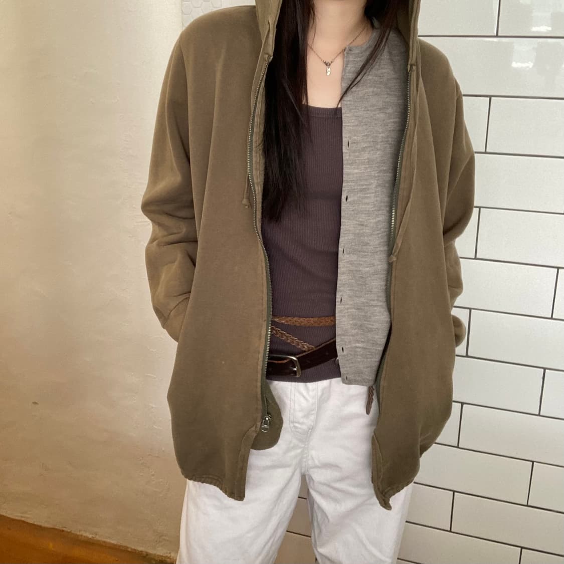빈티지 카키 오버사이즈 후드 집업 상품이미지4
