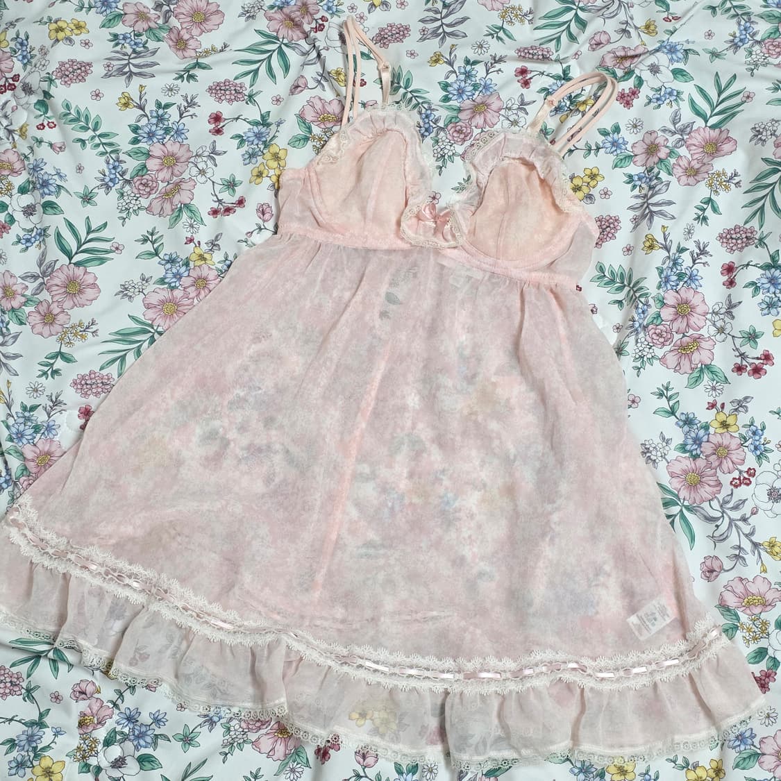 라센자 고전빈티지)히메갸루 핑크 레이스 리본 로맨틱 플로럴 슬립슬리브리스 상품이미지3