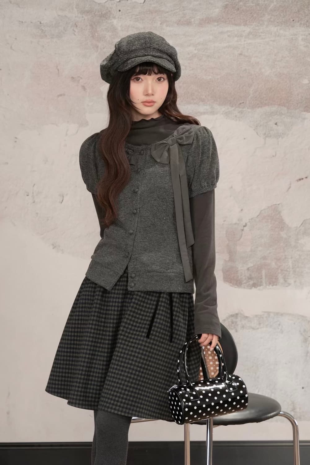 LOVEHEYNEW 스윗 리본 반팔 가디건 레이어드 세트 상품이미지3