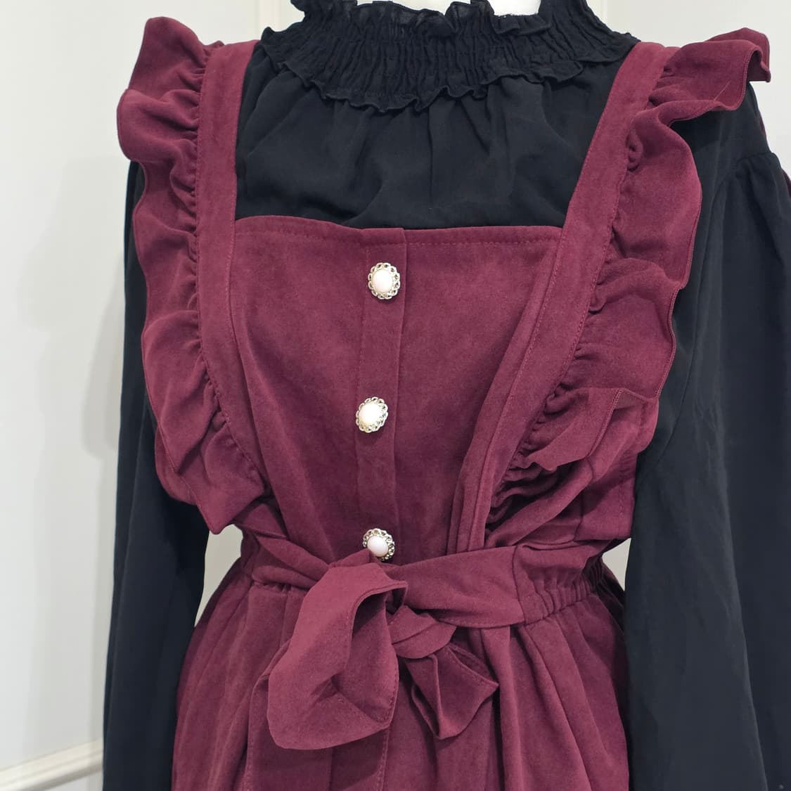 일본빈티지)빅사이즈지뢰계st 버건디 레이어드 프릴리본 고딕로리타풍 원피스 상품이미지3