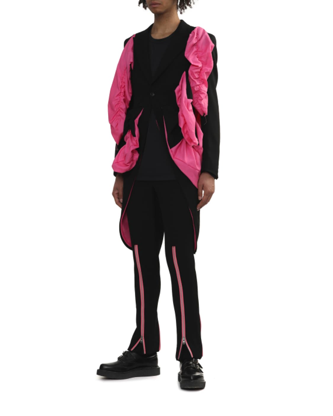 새상품 꼼데가르송 옴므플러스 핑크러플 블랙 롱 코트 S 상품이미지3