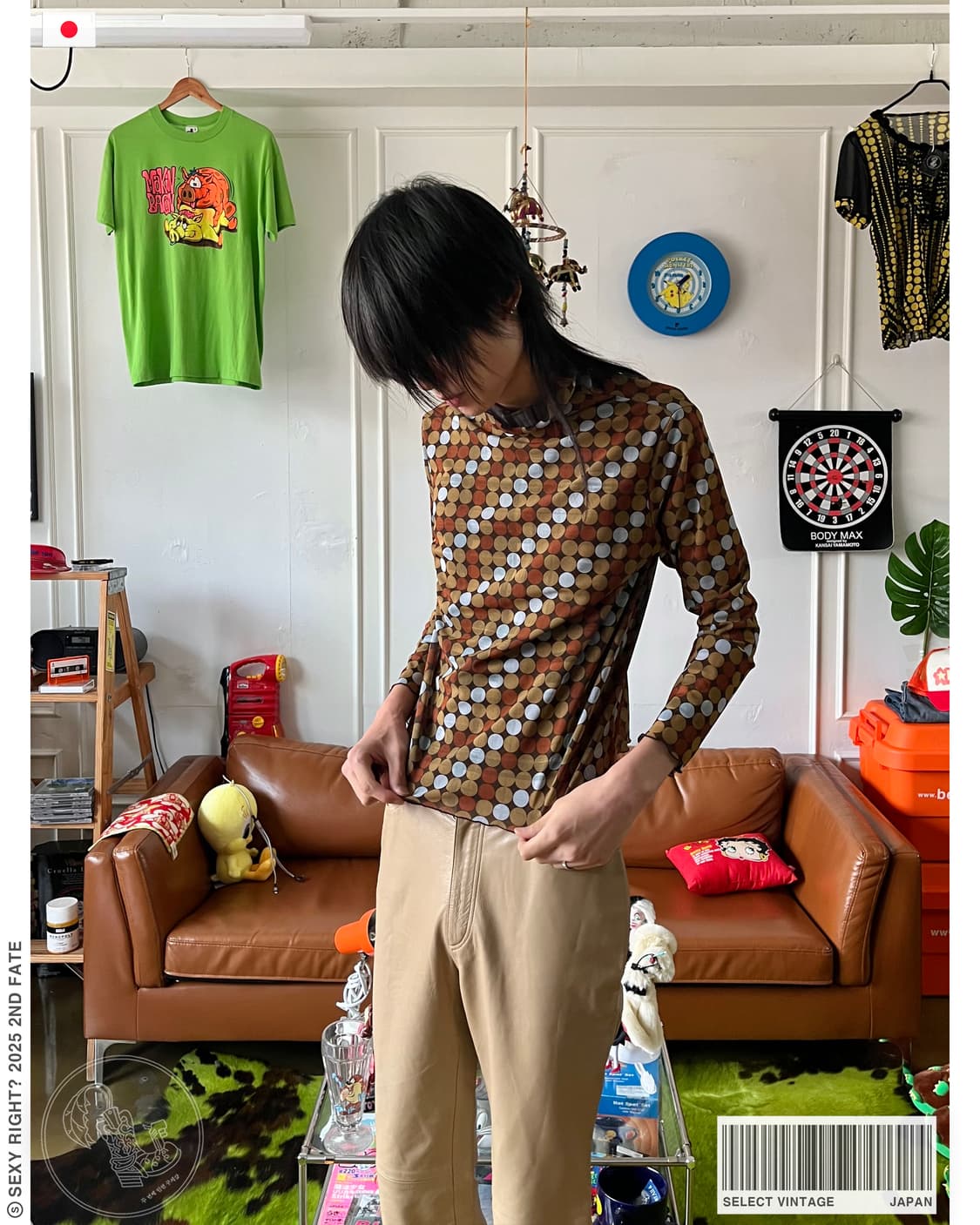 Jpn Retro Dot Pattern Mock-Neck Top 상품이미지1