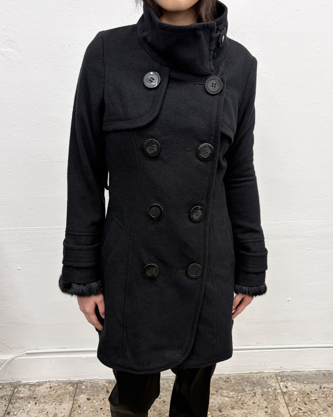 빈티지 래빗 퍼 커프스 더블 코트 상품이미지4