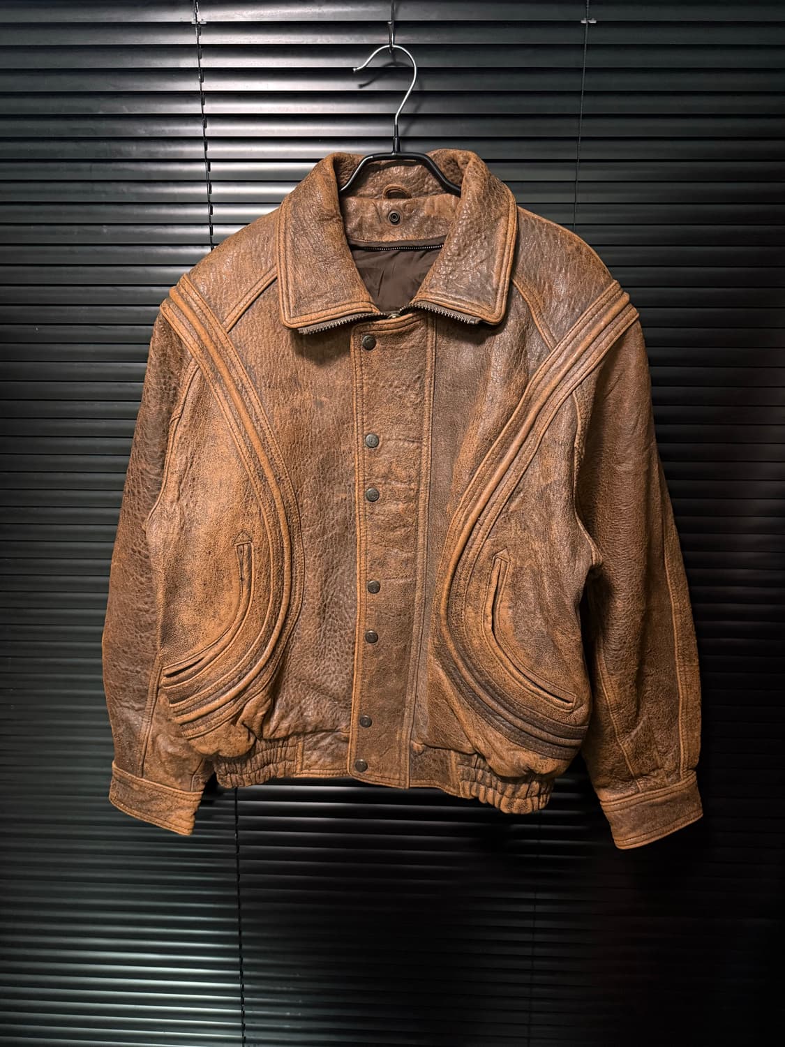 SK 레더 가죽 양가죽 카멜 브라운 빈티지 블루종 봄버 점퍼 하이넥 집업 상품이미지3