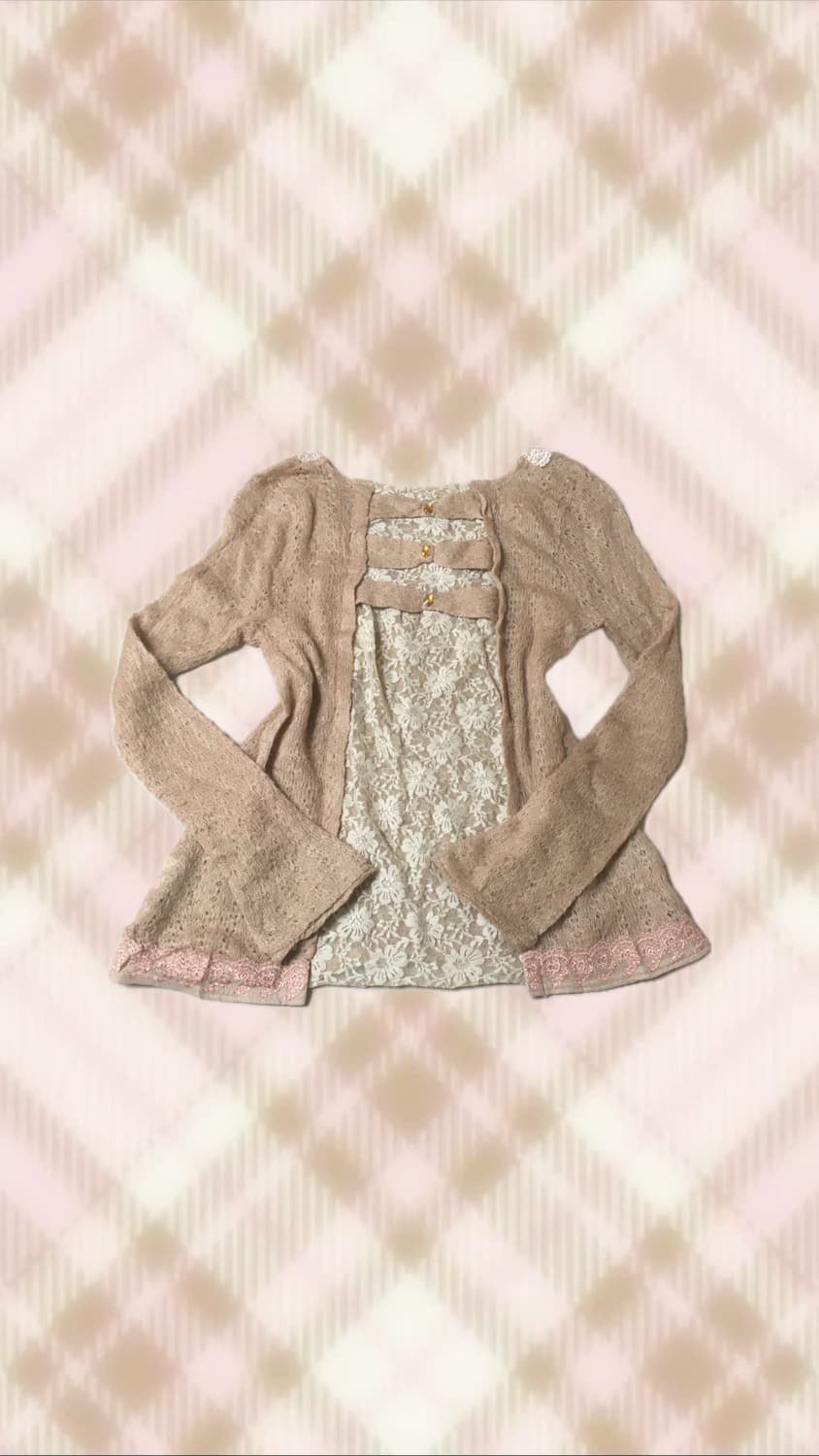 엑시즈팜 핑크 리본 레이스 레이어드 니트 라떼 히메 갸루 러블리 로걀 상품이미지1