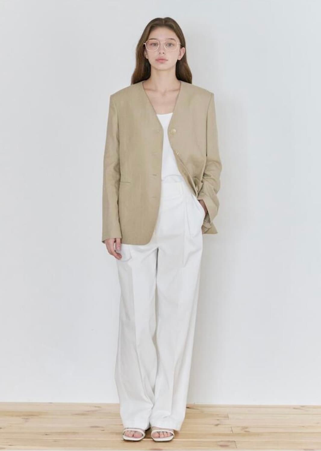 닐바이피 25N 린넨 브이넥 노카라 미니멀 베이지 자켓 34 상품이미지2