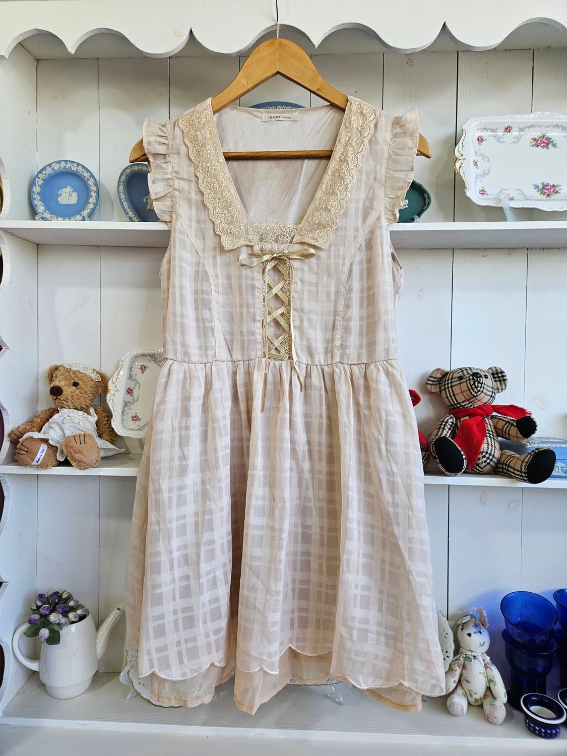 axes femme(엑시즈팜) 베이지 체크 레이스 원피스 상품이미지1