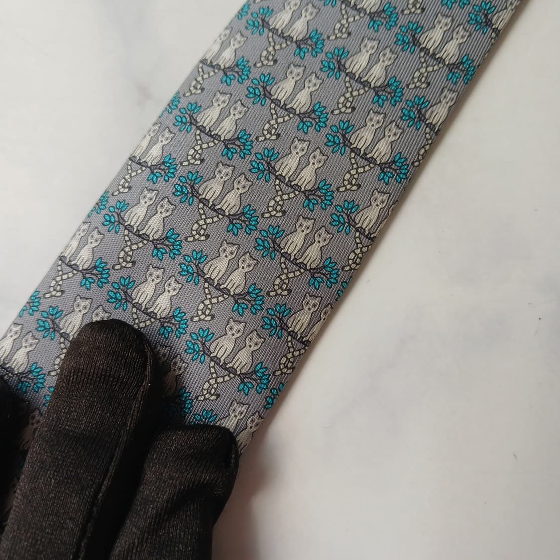 에르메스 실크 그레이 고양이 패턴 넥타이 7.8cm A등급 E948 상품이미지9