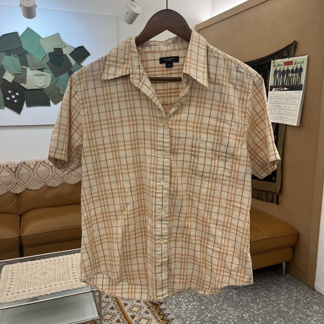 버버리 컨트리 레트로 빈티지 오트밀 체크 반팔 셔츠 XL C10779 상품이미지3
