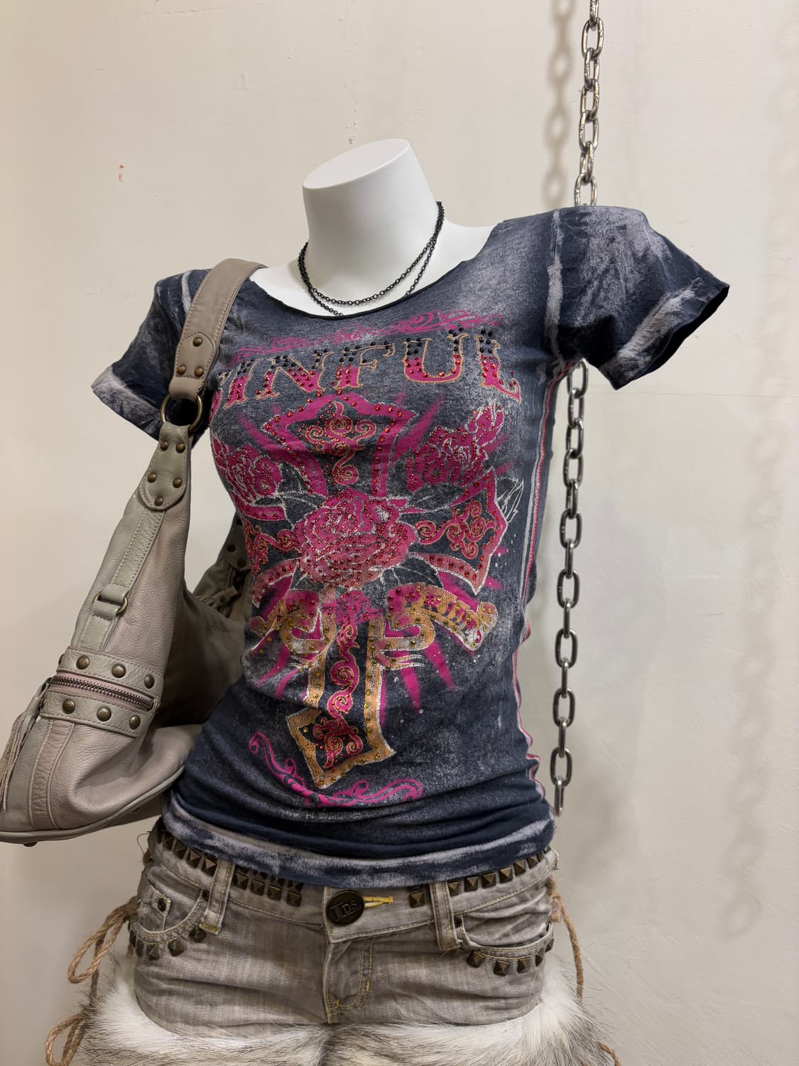 핑크 크로스 큐빅 그레이 워싱 티셔츠 y2k 펑크 갸루 상품이미지6