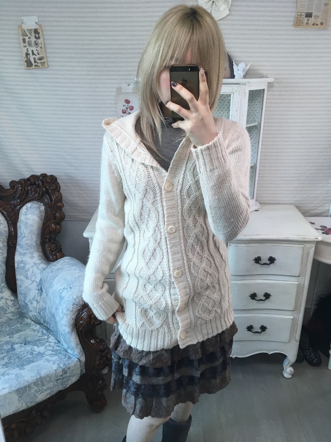 일본빈티지 이스트보이 아이보리 꽈배기 니트 가디건 상품이미지4