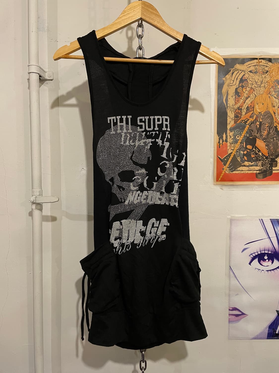 mkr 해골 스터드 레터링 포켓 블랙 후드 나시 원피스 펑크 상품이미지3