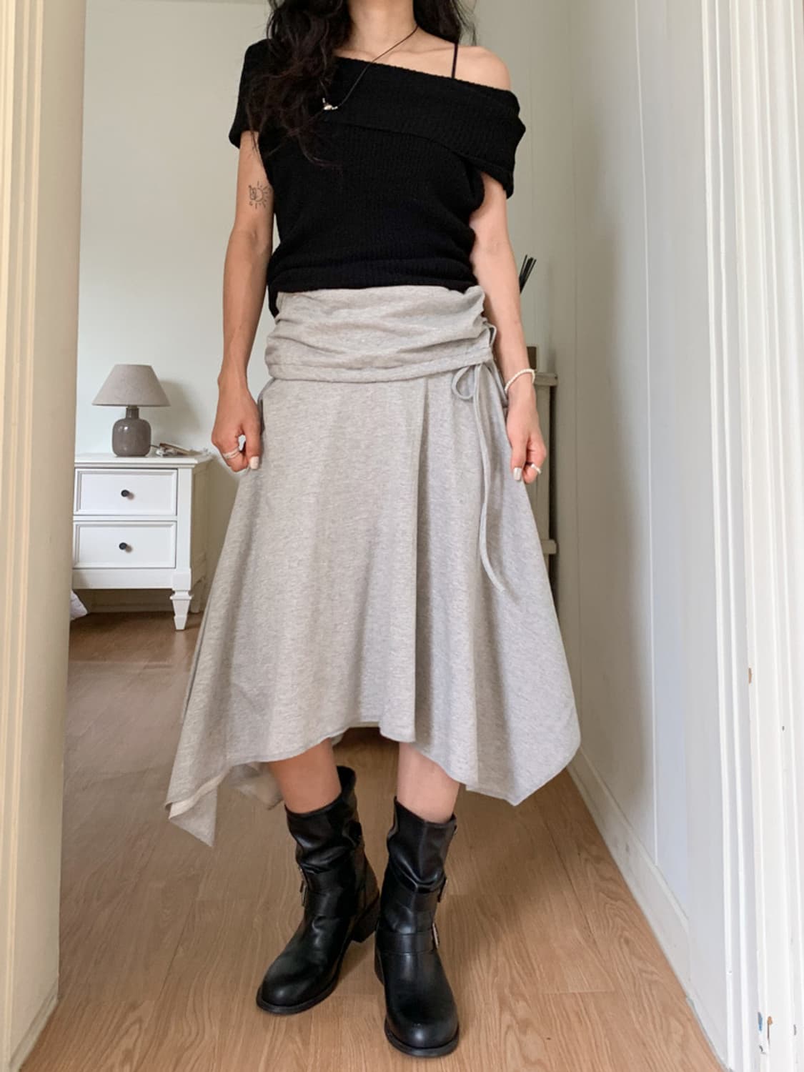 겔리 언발 스트링 플레어 스커트 (블랙, 그레이) 상품이미지5