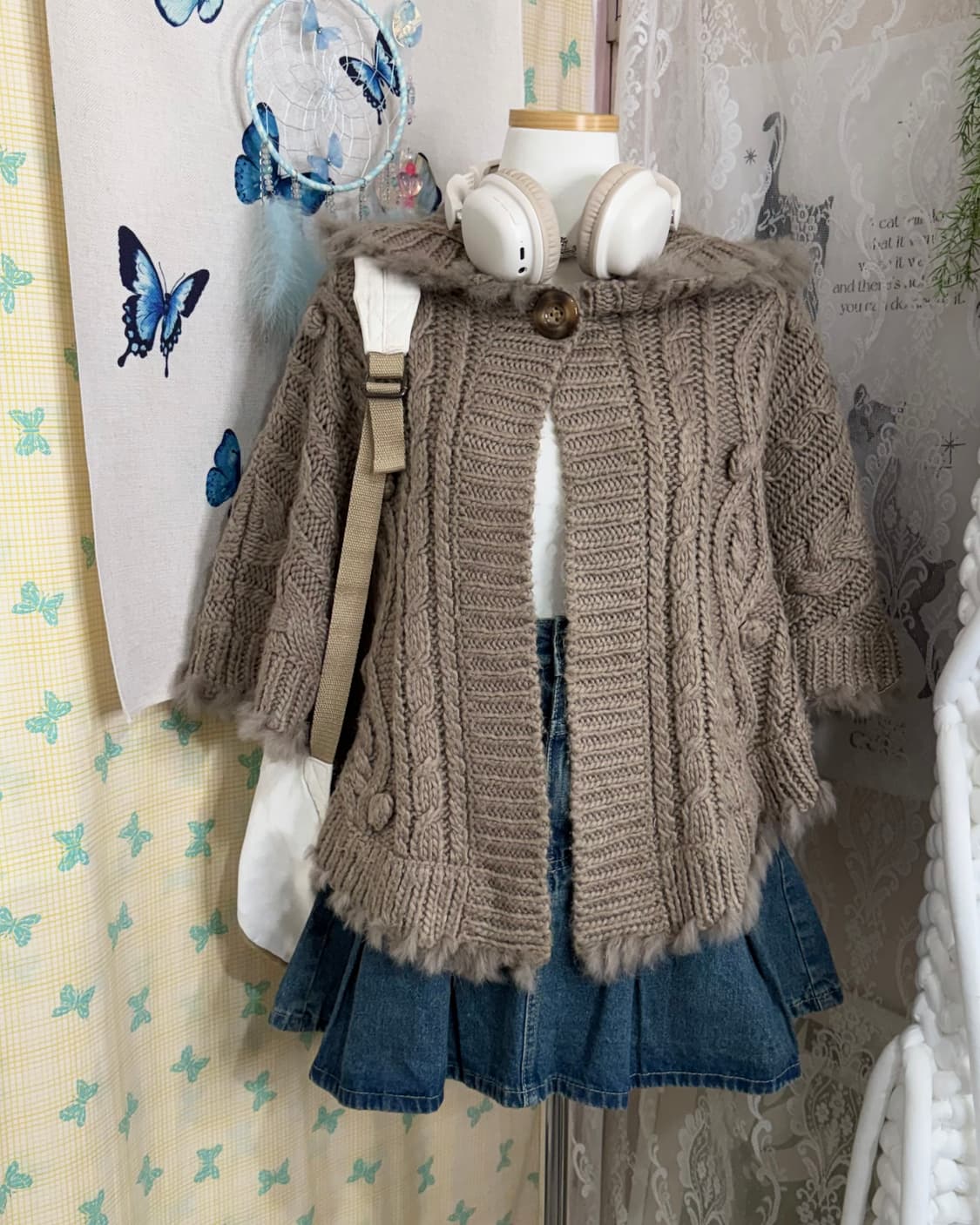 코코아 브라운 꽈배기 후드 케이프 가디건 상품이미지1