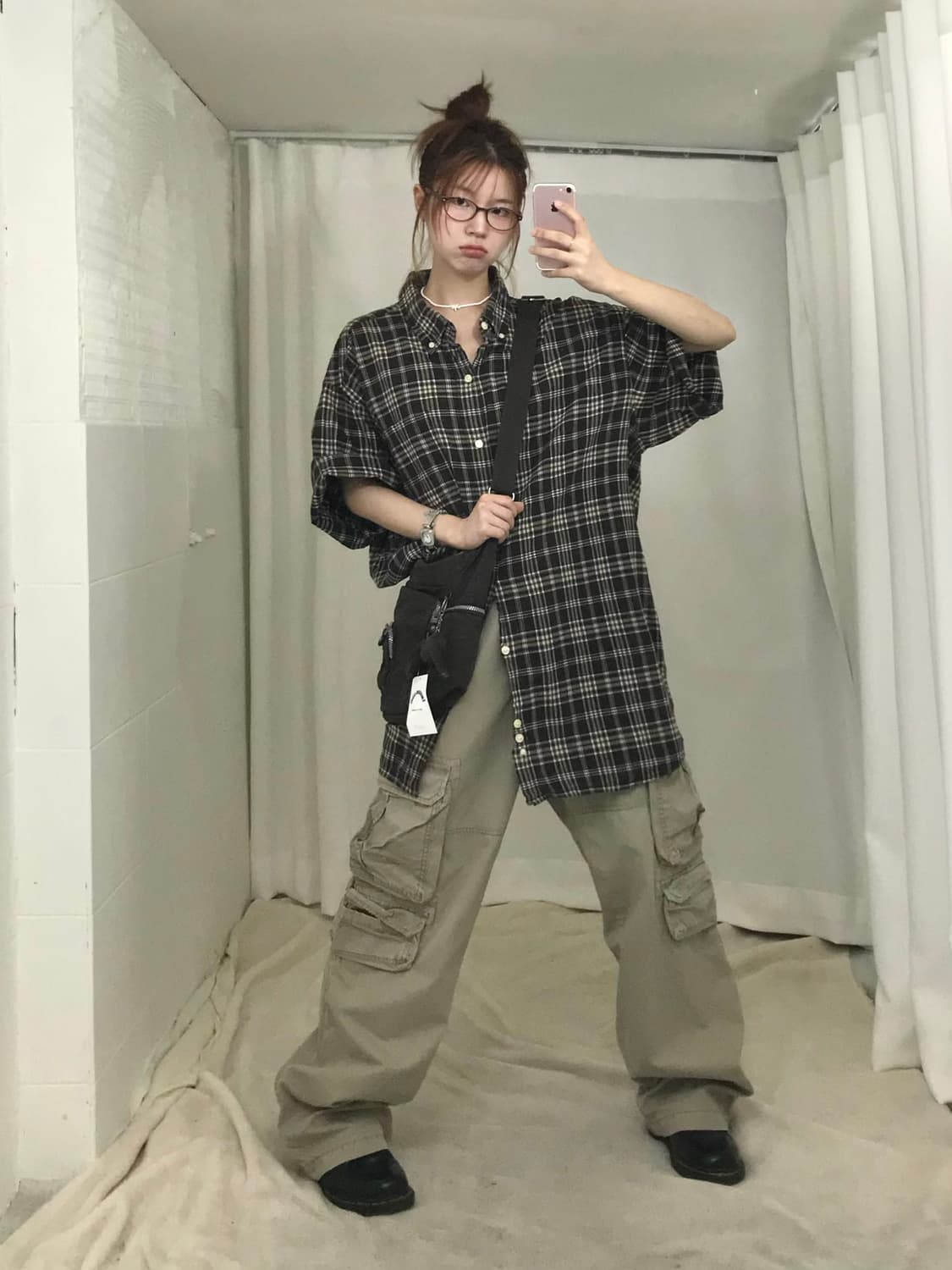 🤓 칼하트 브라운 체크 셔츠, 카고팬츠 코디 세트 상품이미지1