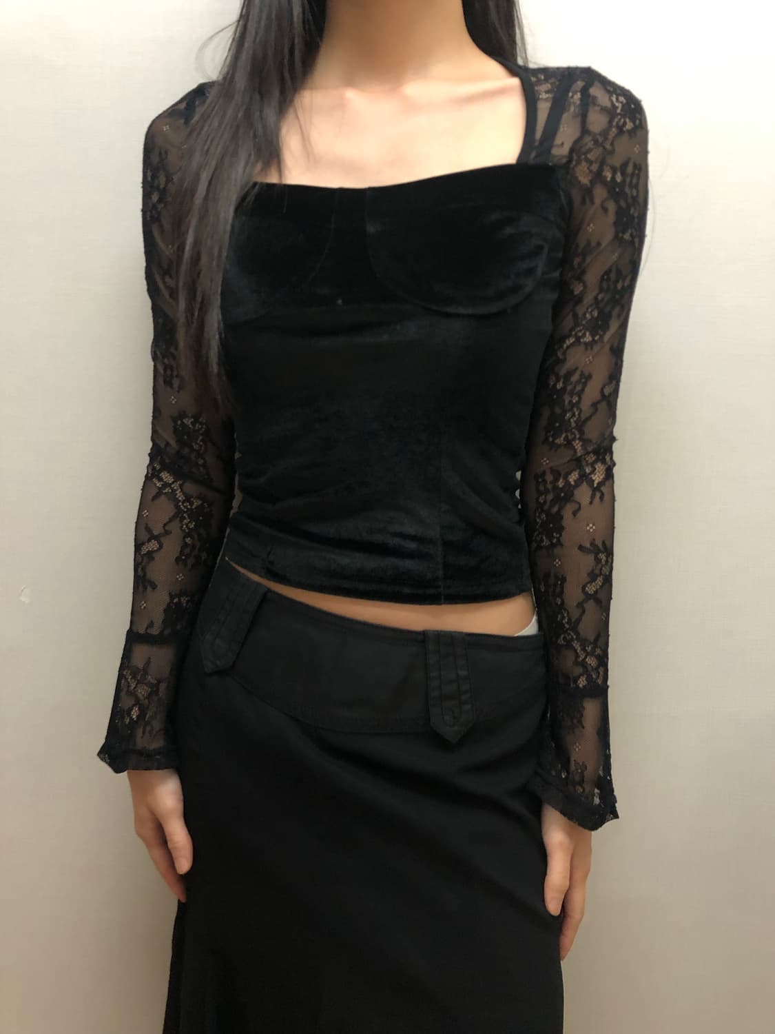 빈티지 블랙 레이스 벨벳 탑 상품이미지1