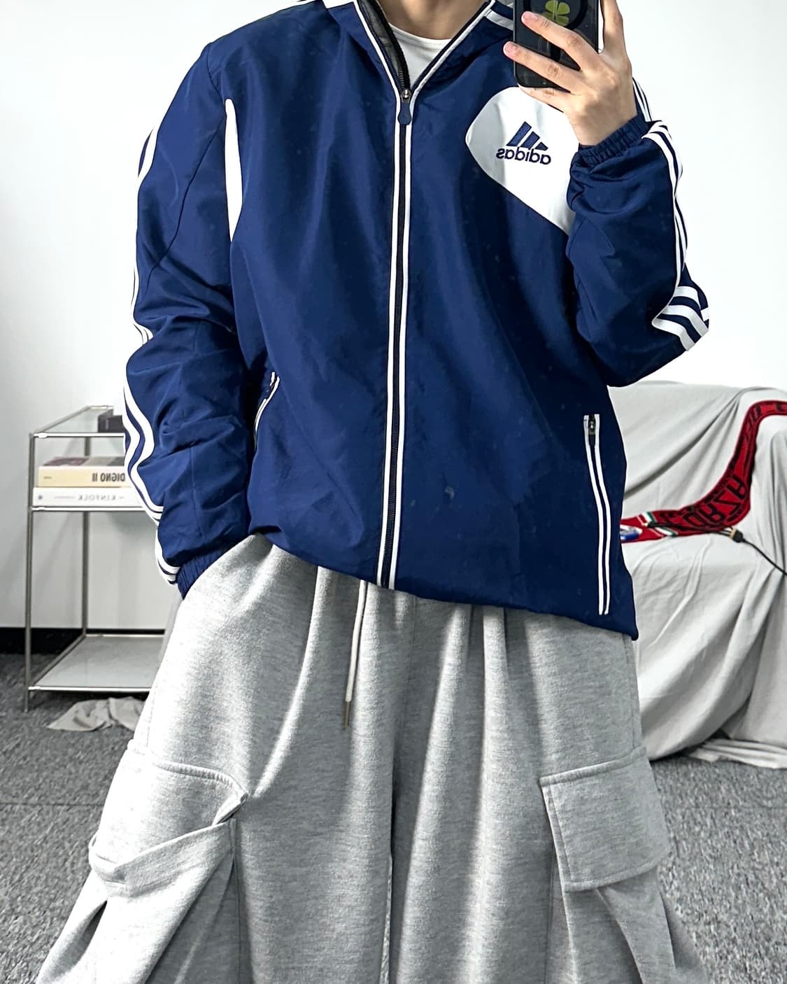 아디다스 네이비 화이트 트랙탑 바람막이 L 상품이미지3