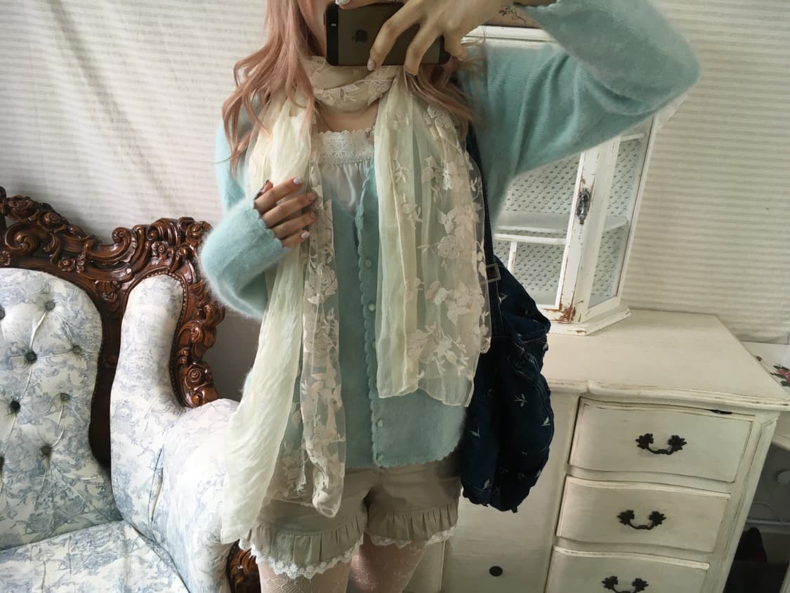 Set)민트 울 가디건 + 로즈 머플러 + 레이스 슬리브리스 상품이미지2