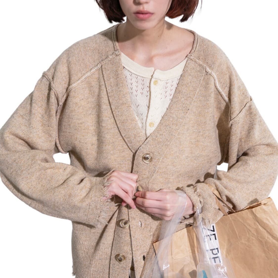 퍼버즈 램스울 레이어드 니트 가디건 베이지 상품이미지3