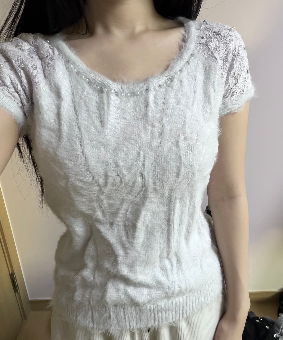 일본빈티지 블루 앙고라 레이스 반팔 니트 탑 상품이미지1