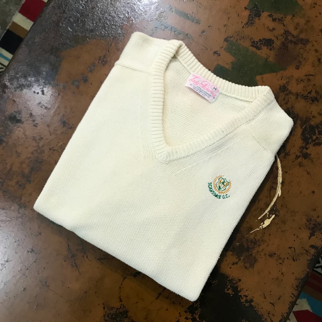 Usa vtg 크림 아이보리 브이넥 코튼 자수 니트 여성 55 66 상품이미지1