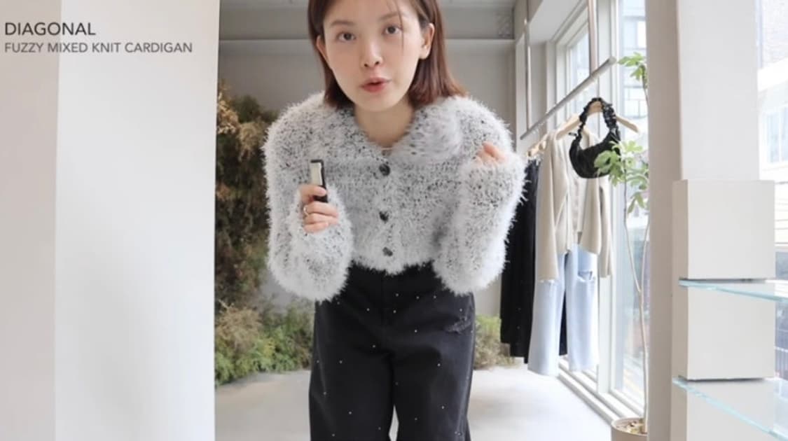 택O) 다이애그널 퍼지 믹스드 니트  가디건 블랙 상품이미지2