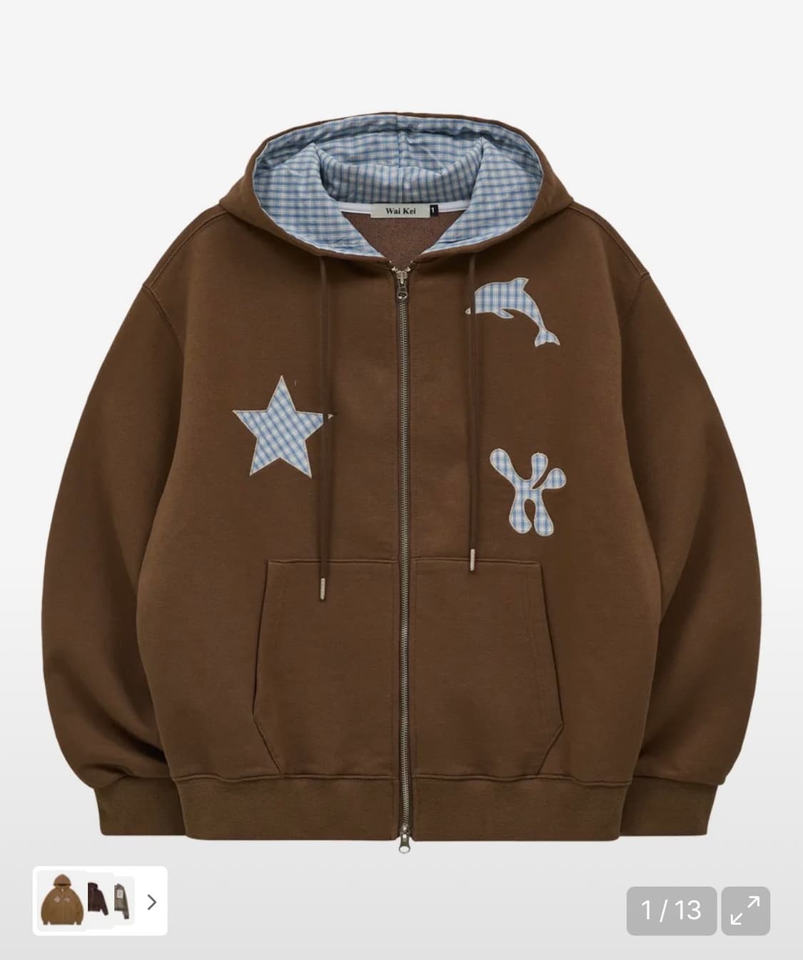 스타 돌핀 체크 아플리케 후드 집업 브라운 상품이미지1