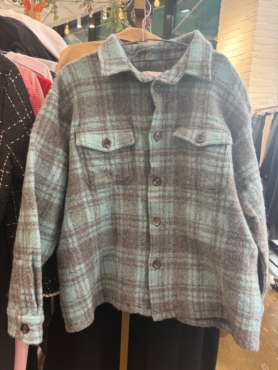 아미 민트색 체크 숏 자켓 상품이미지1