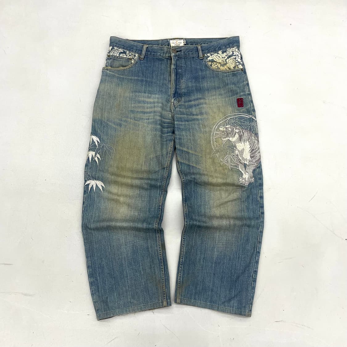 카라쿠리 타마시 백호 호랑이 자수 오리엔탈 와이드 데님팬츠 상품이미지1
