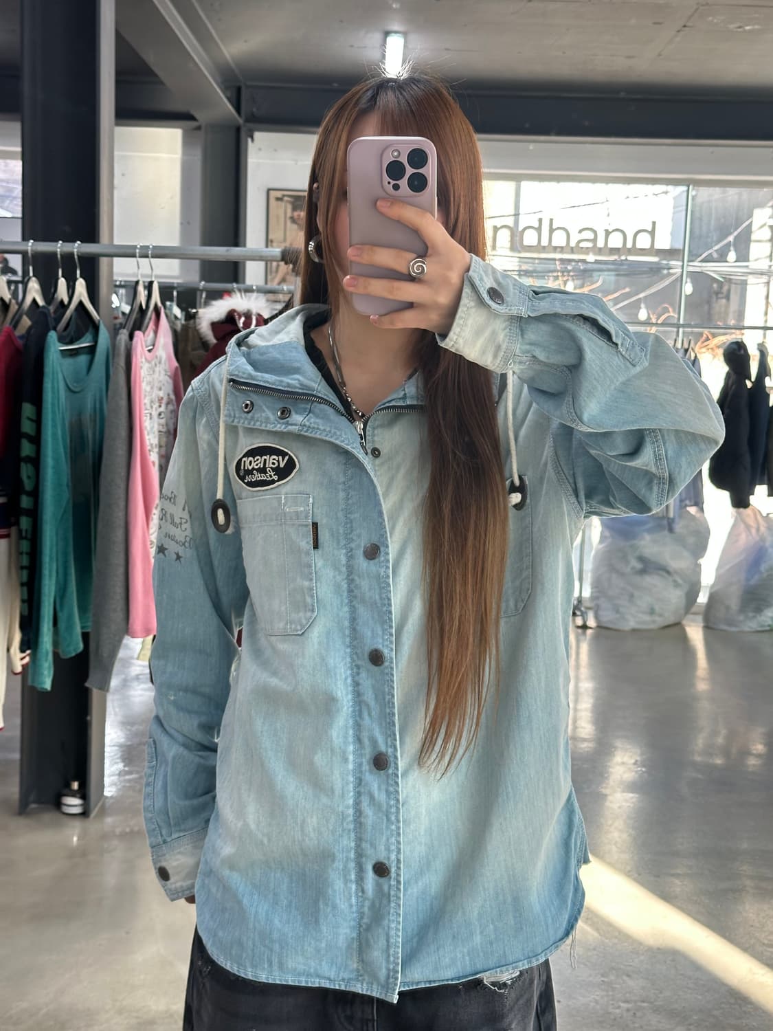 벤슨 스타 워시드레터링 하이넥 데님후드자켓 상품이미지3