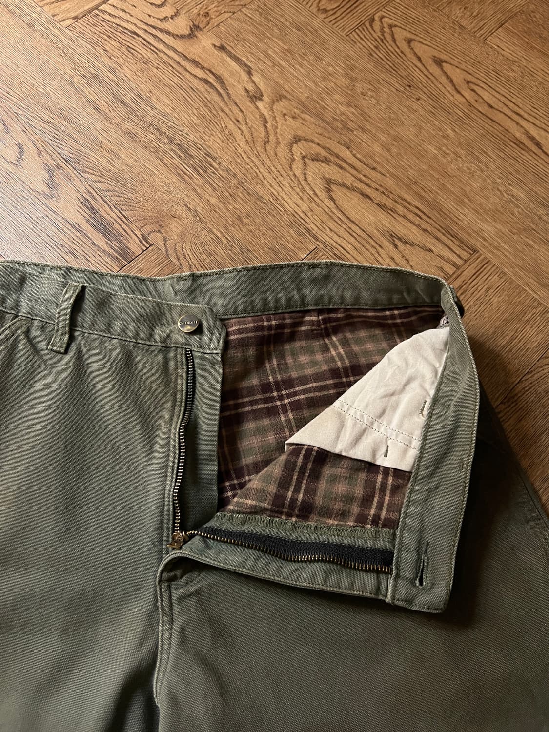 [34]칼하트 USA 체크라이닝 데미지드 모스그린 싱글니 카펜터 워크팬츠 상품이미지3