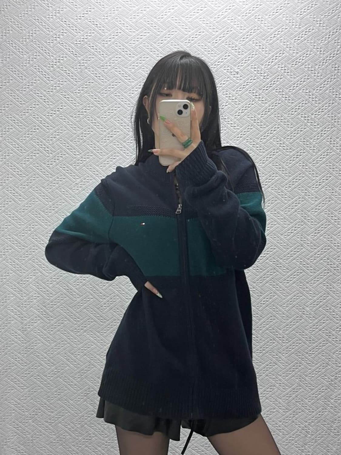 타미힐피거 올드스쿨 레트로 딥그린 배색 니트 집업 가디건 M C09337 상품이미지2