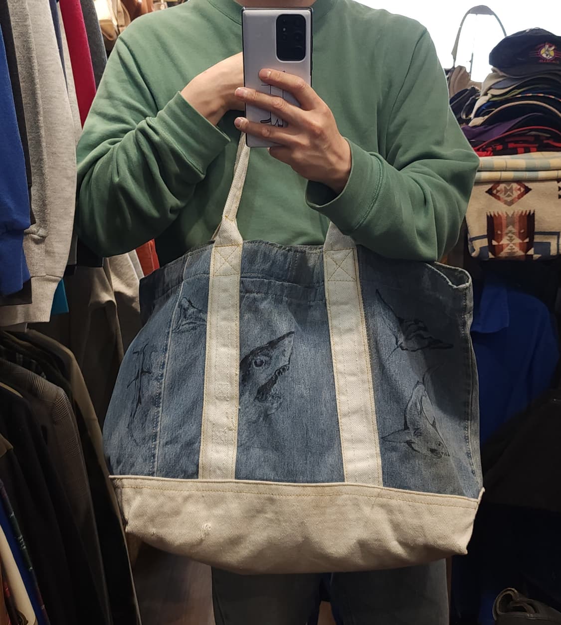 핸드 드로잉 빅토트 캔버스 데님 토트백 빈티지 더플백 리메이크 상어 상품이미지10