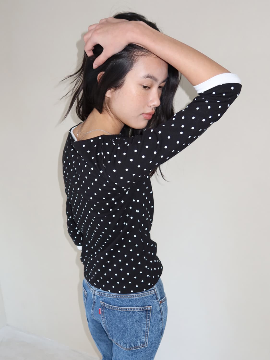 MMM 엠엠엠 폴카 도트 3/4 슬리브 티셔츠 블랙 상품이미지2