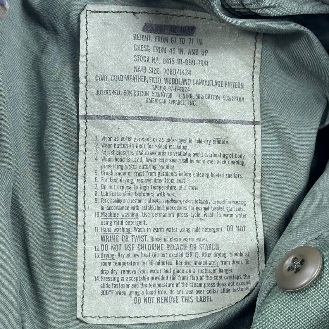 아메리칸 어패럴 미군 복각 m-65 필드자켓 실측M 상품이미지6