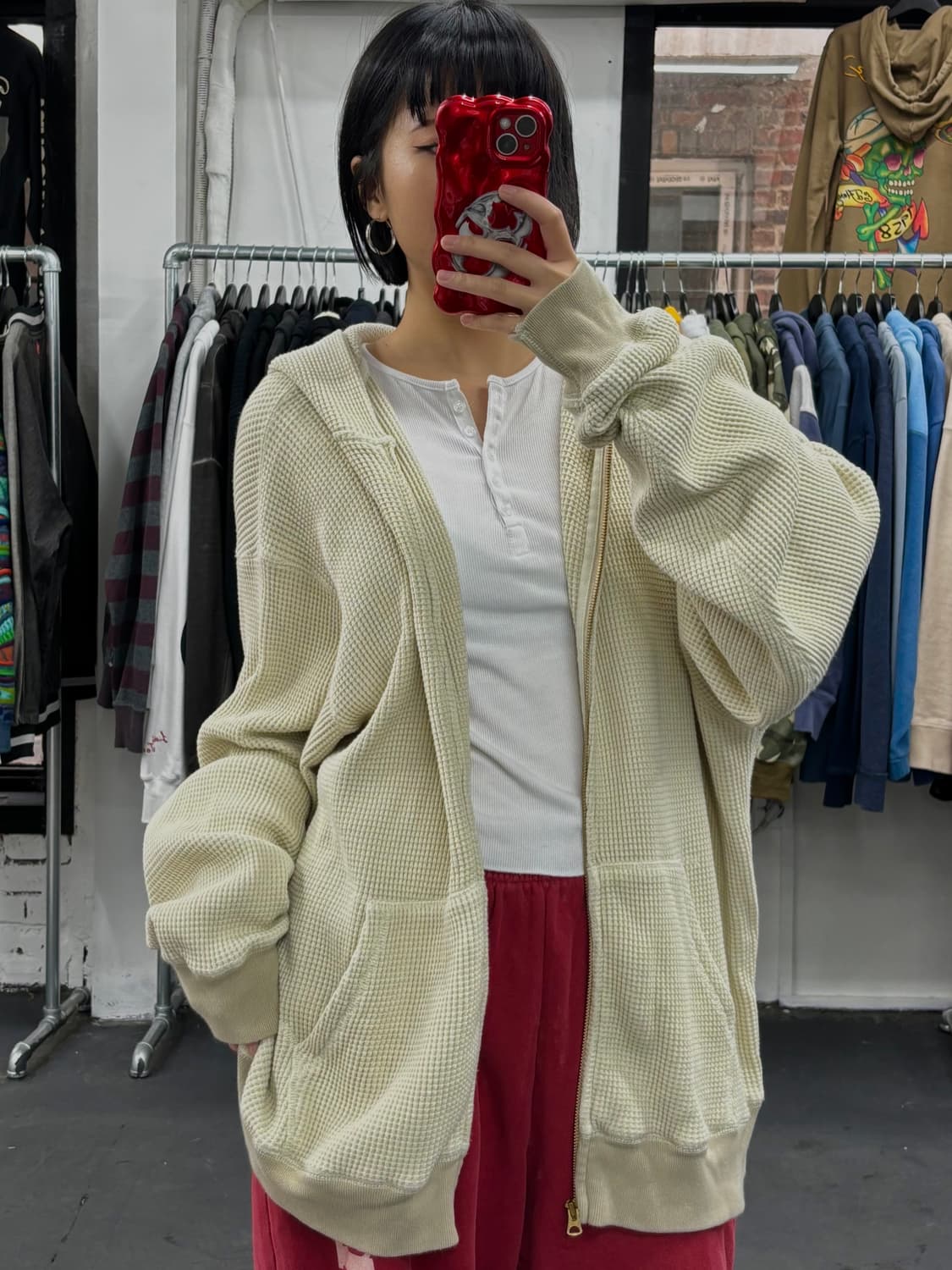 카키스 와플 크림 후드집업 상품이미지1