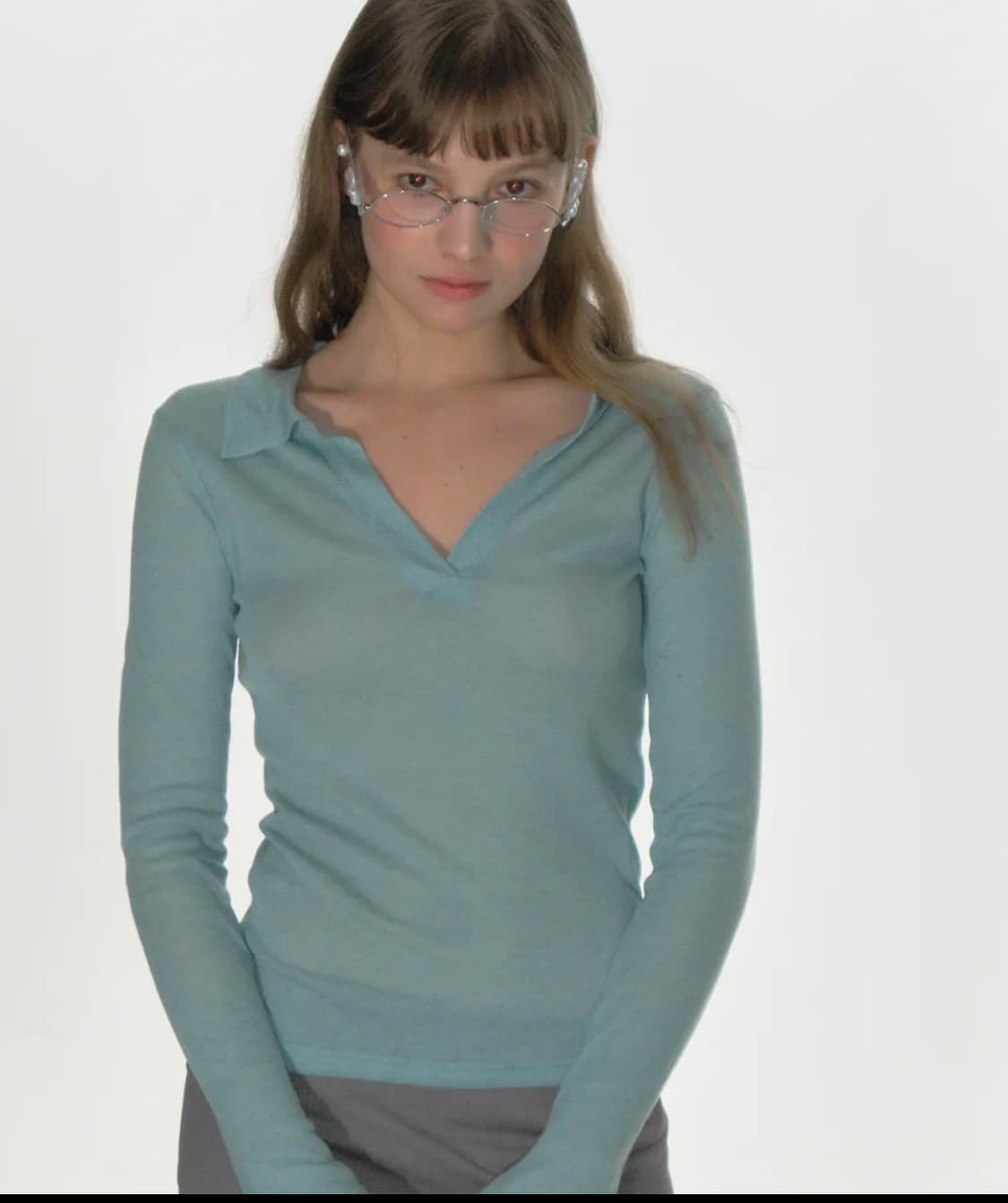 크랭크 시어 카라 탑_블루 그린 상품이미지1