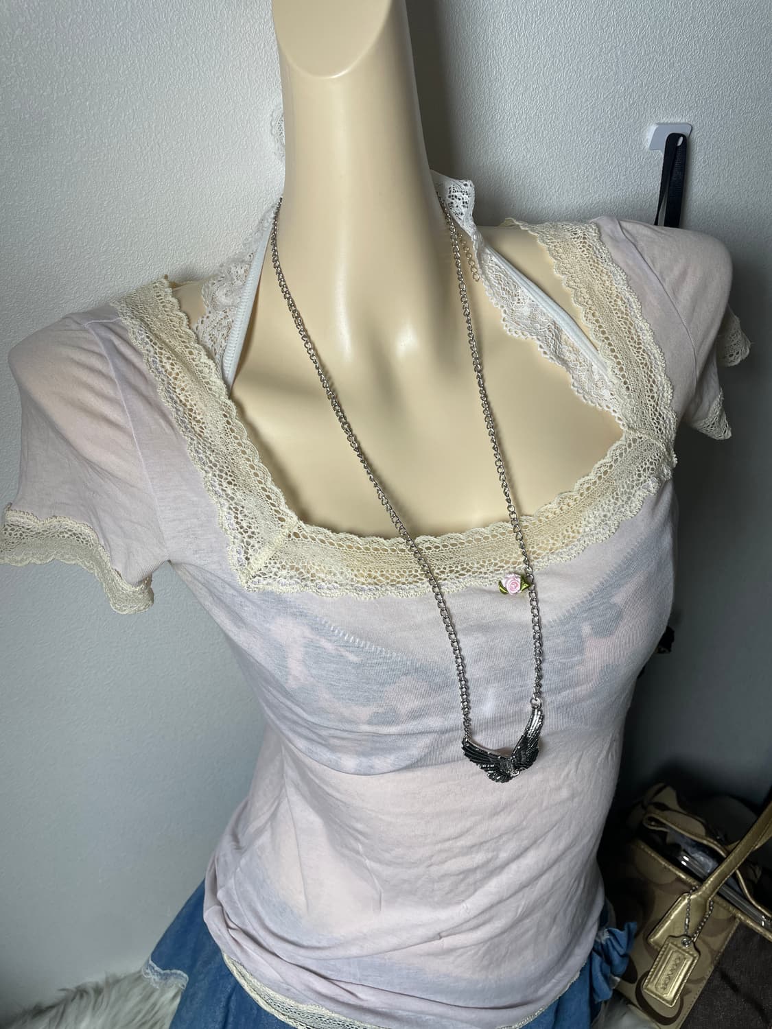 빈티지 로맨틱 연핑크 레이스 반팔티 상품이미지2