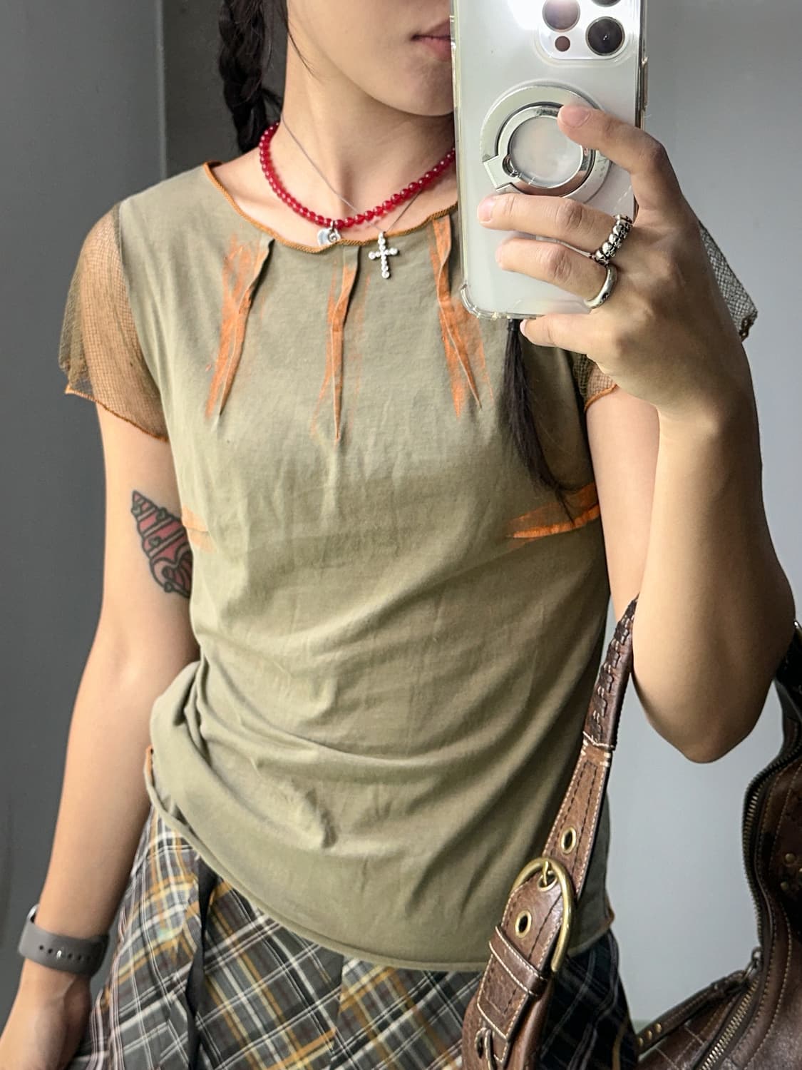 khaki mesh sleeve military top 상품이미지5
