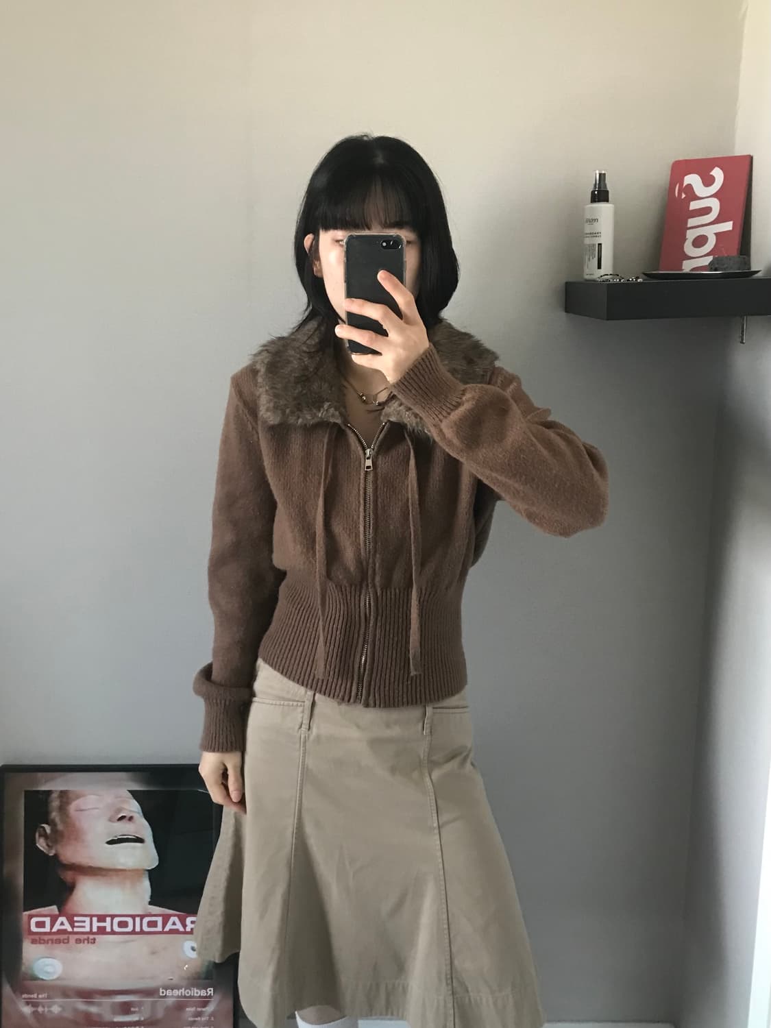 빈티지 니트 집업 브라운 울프죠 상품이미지2