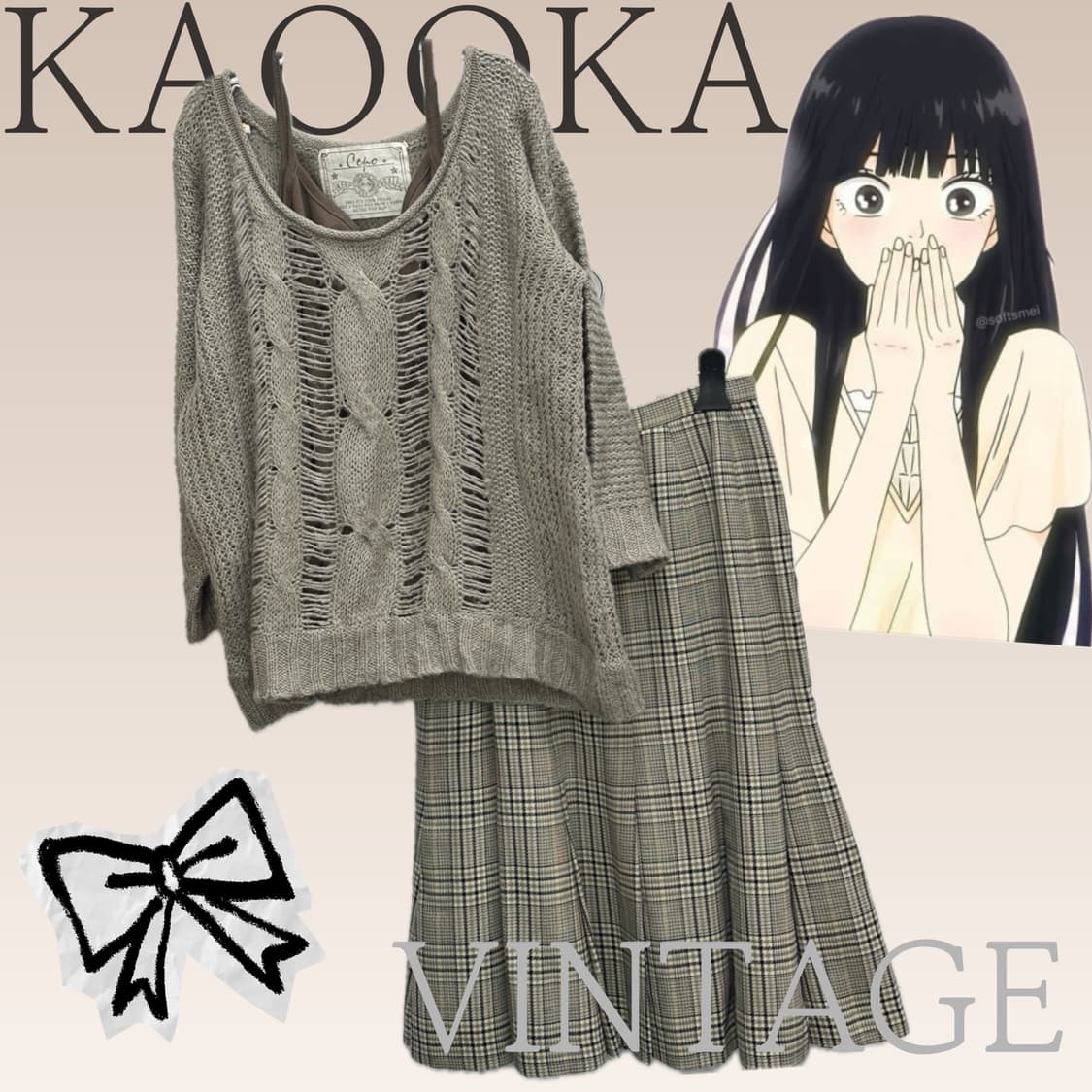 🤎사와코의 에스닉 코디세트🤎 그런지 니트 레이어드 체크스커트 모리걸 상품이미지1