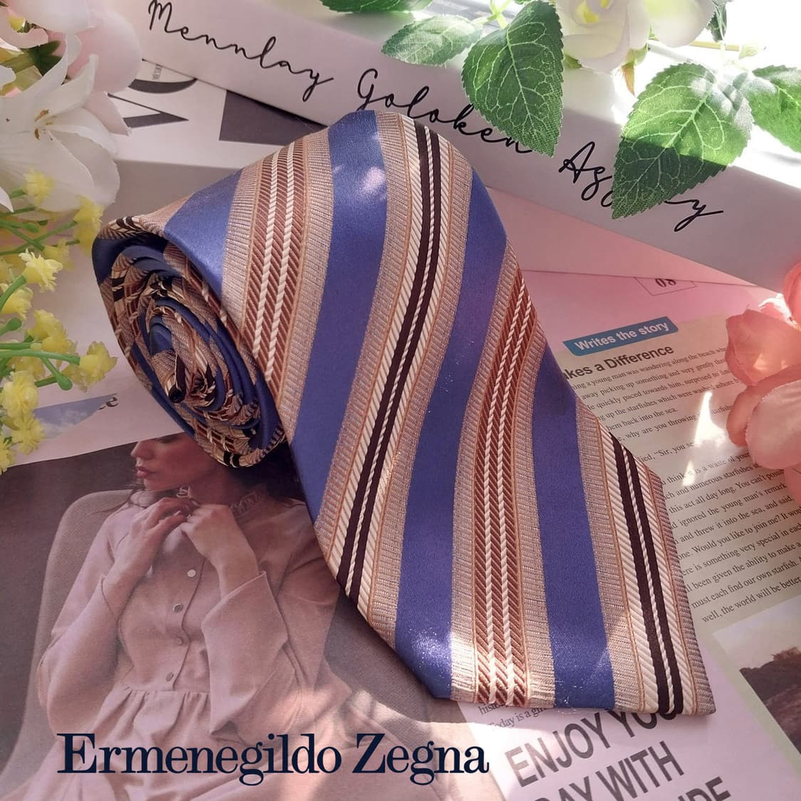 제냐 실크 베이지&블루 스트라이프 넥타이 8.7cm A+등급 K1385
 상품이미지1